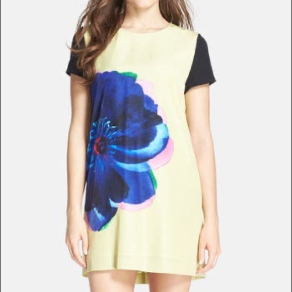 CECE Cynthia Steffe Yellow Kayte Floral Graphic Shift Mini Dress Size 12 - Picture 3 of 10